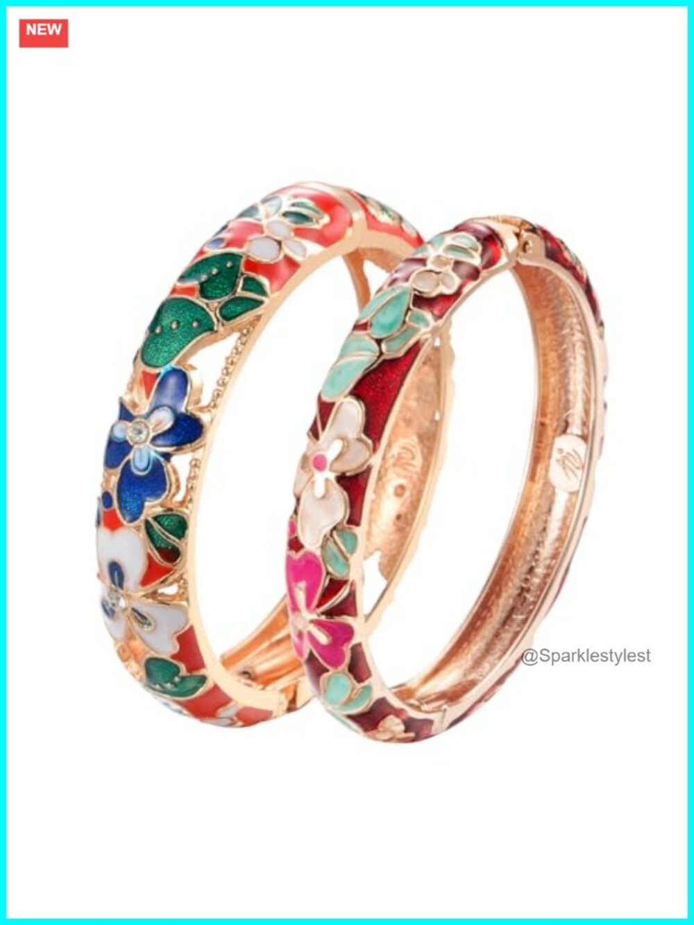 Cloisonne Enamel Hinged Bangle Bracelet Set 2pc Butterfly Flower Gift